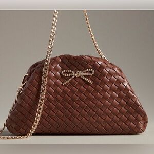NWT Anthropologie Frankie Brown Woven Bow Bag with Gold Chain